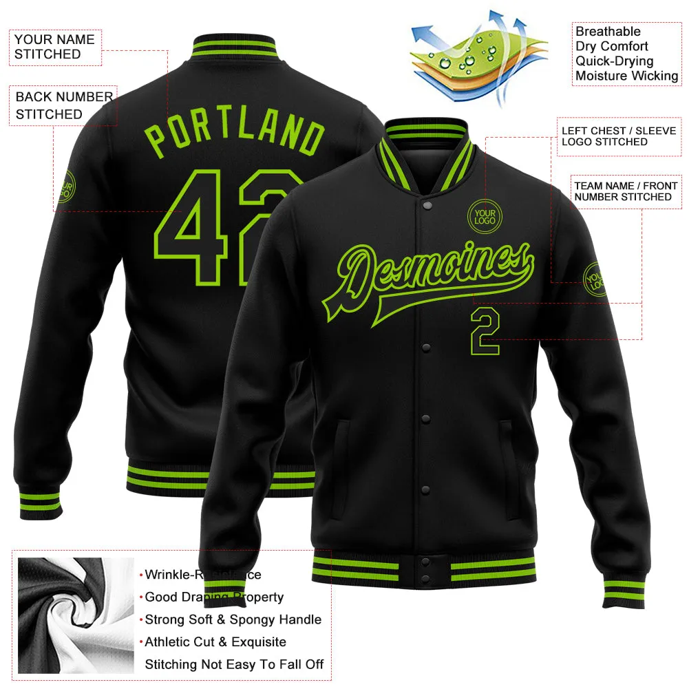 Custom Black Neon Green Bomber Full-Snap Varsity Letterman Jacket