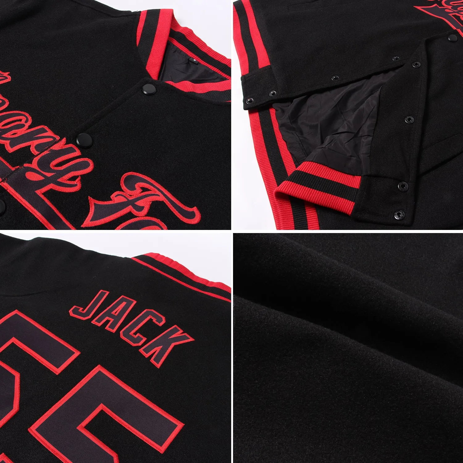 Custom Black Red Pinstripe Red Bomber Full-Snap Varsity Letterman Jacket