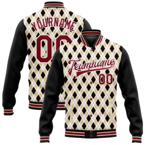 Custom City Cream Crimson-Black Check Board 3D Pattern Design Bomber Full-Snap Varsity Letterman Jacket