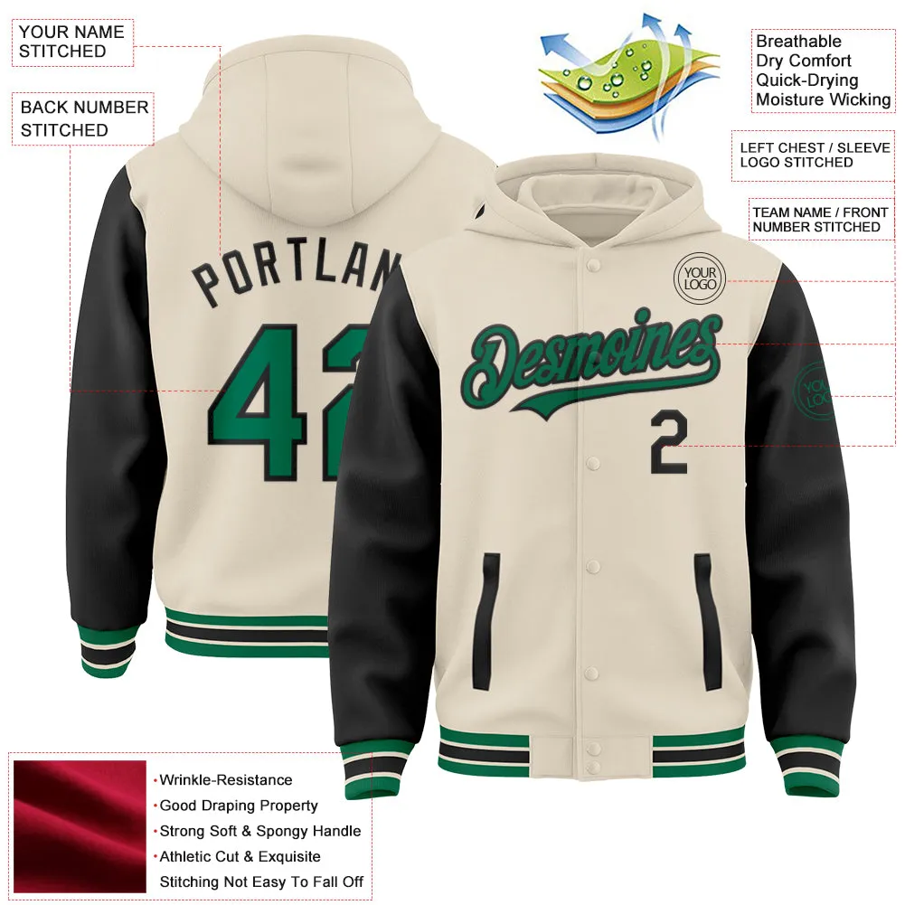 Custom Cream Kelly Green-Black Bomber Full-Snap Varsity Letterman Two Tone Hoodie Jacket