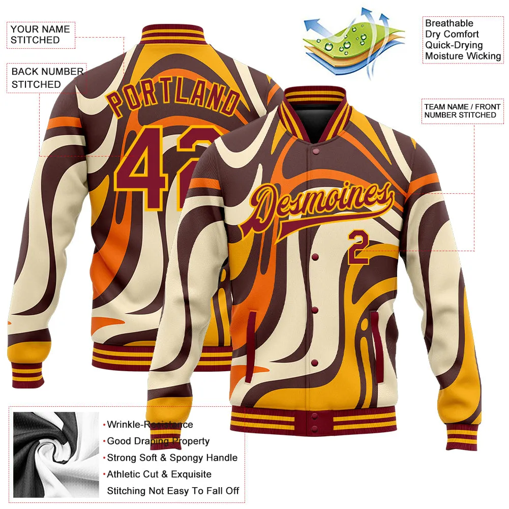 Custom Graffiti Pattern Crimson-Gold Groovy Psychedelic 3D Bomber Full-Snap Varsity Letterman Jacket