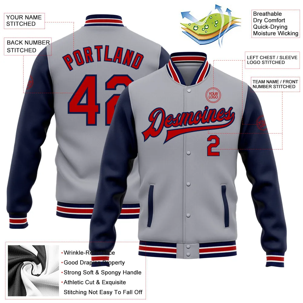 Custom Gray Red-Navy Bomber Full-Snap Varsity Letterman Two Tone Jacket