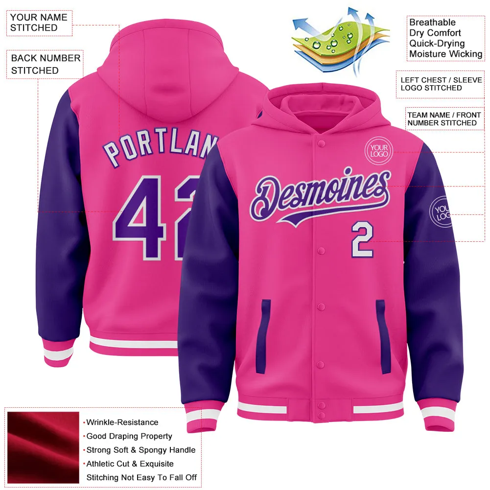 Custom Pink Purple-White Bomber Full-Snap Varsity Letterman Two Tone Hoodie Jacket