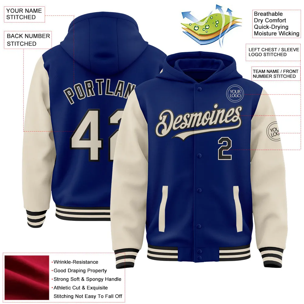 Custom Royal Cream-Black Bomber Full-Snap Varsity Letterman Two Tone Hoodie Jacket