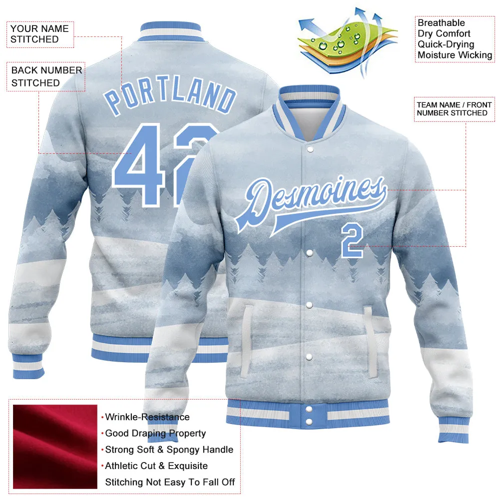 Custom White Light Blue Watercolor Winter Landscape With Snowy Trees 3D Pattern Design Bomber Full-Snap Varsity Letterman Jacket