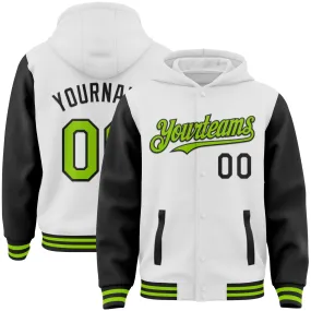 Custom White Neon Green-Black Bomber Full-Snap Varsity Letterman Two Tone Hoodie Jacket