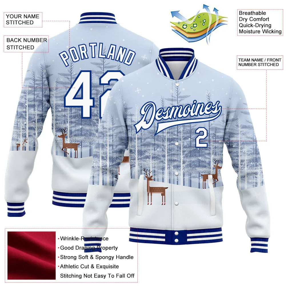 Custom White Royal Reindeers In A Snowy Forest 3D Pattern Design Bomber Full-Snap Varsity Letterman Jacket