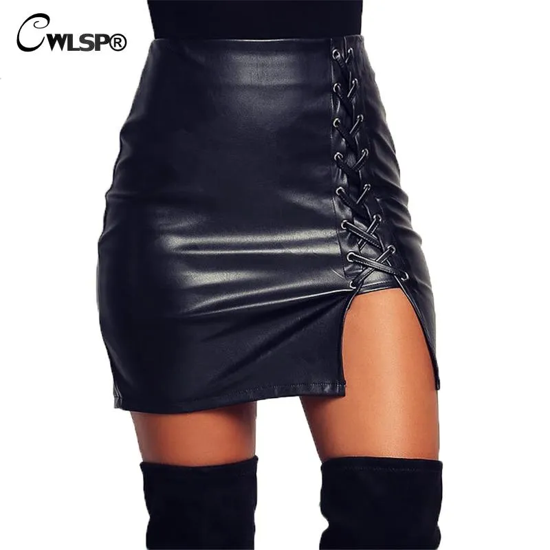 CWLSP Black Lace Up PU Leather Skirts 2018 Spring Summer Womens Side Split Pencil Skirts Vintage  Bodycon Mini Skirt QZ1820