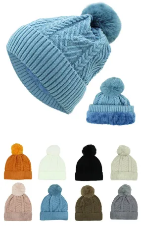 DBH3735 High Quality Winter Knit Beanie Lining Hat w/Pompom Pack 12pcs