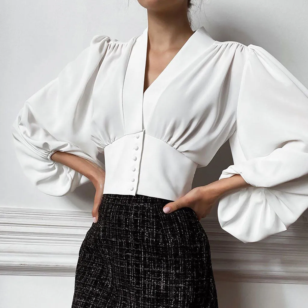 Elegant Solid Ruched Lantern Sleeve V Neck Button Up Cropped Chiffon Blouse