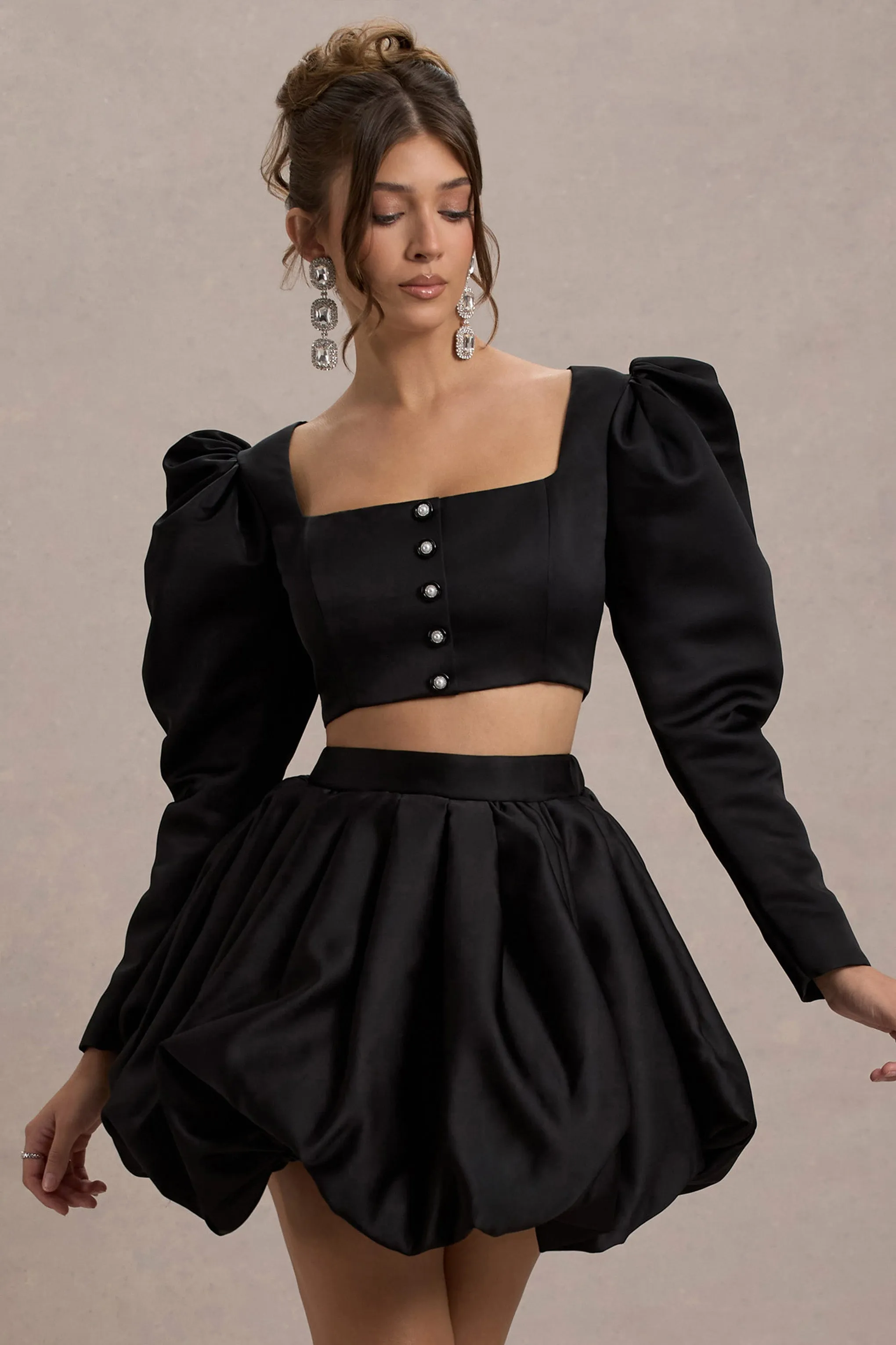 Eloisa | Black Satin Puff-Sleeve Cropped Jacket