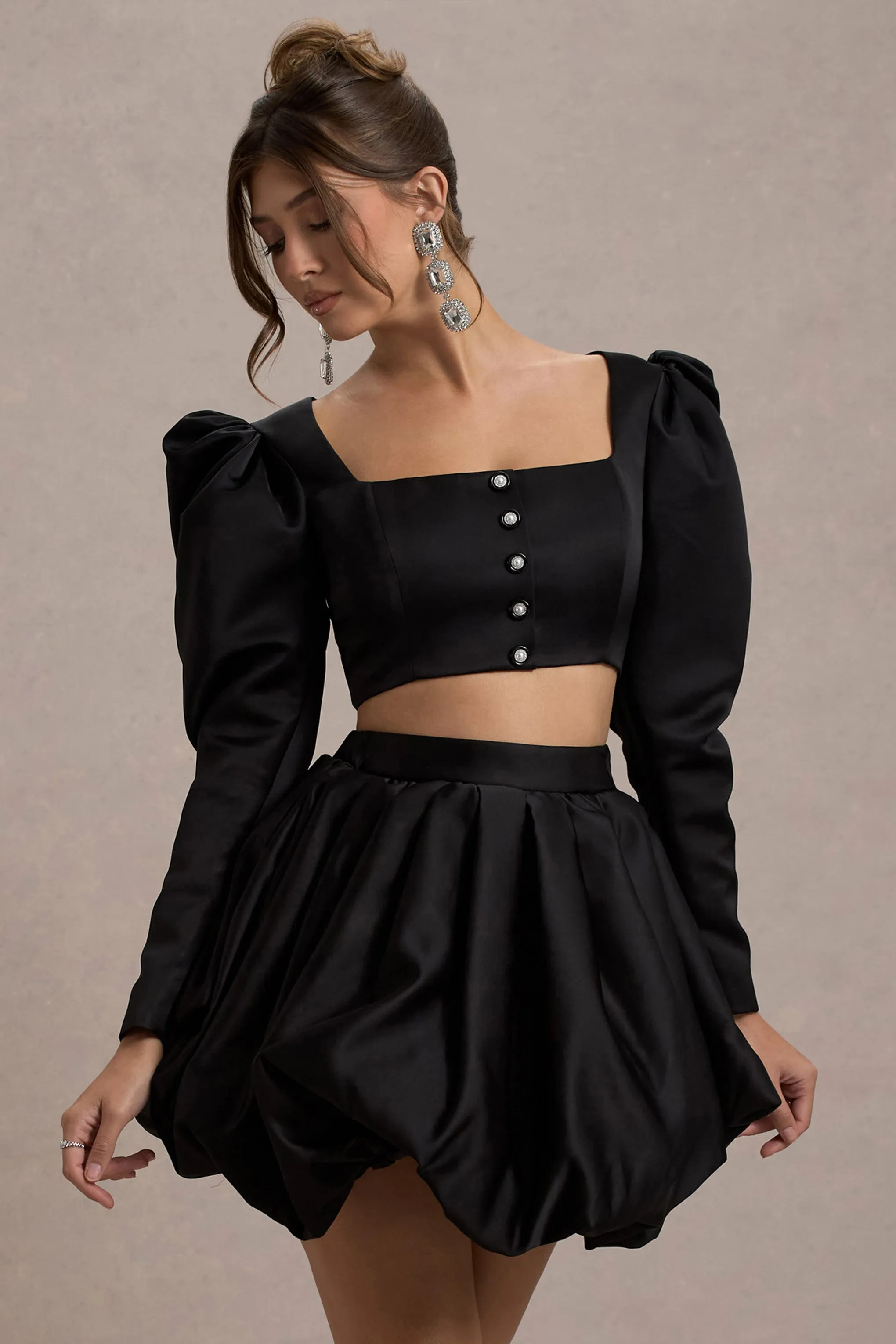 Eloisa | Black Satin Puff-Sleeve Cropped Jacket