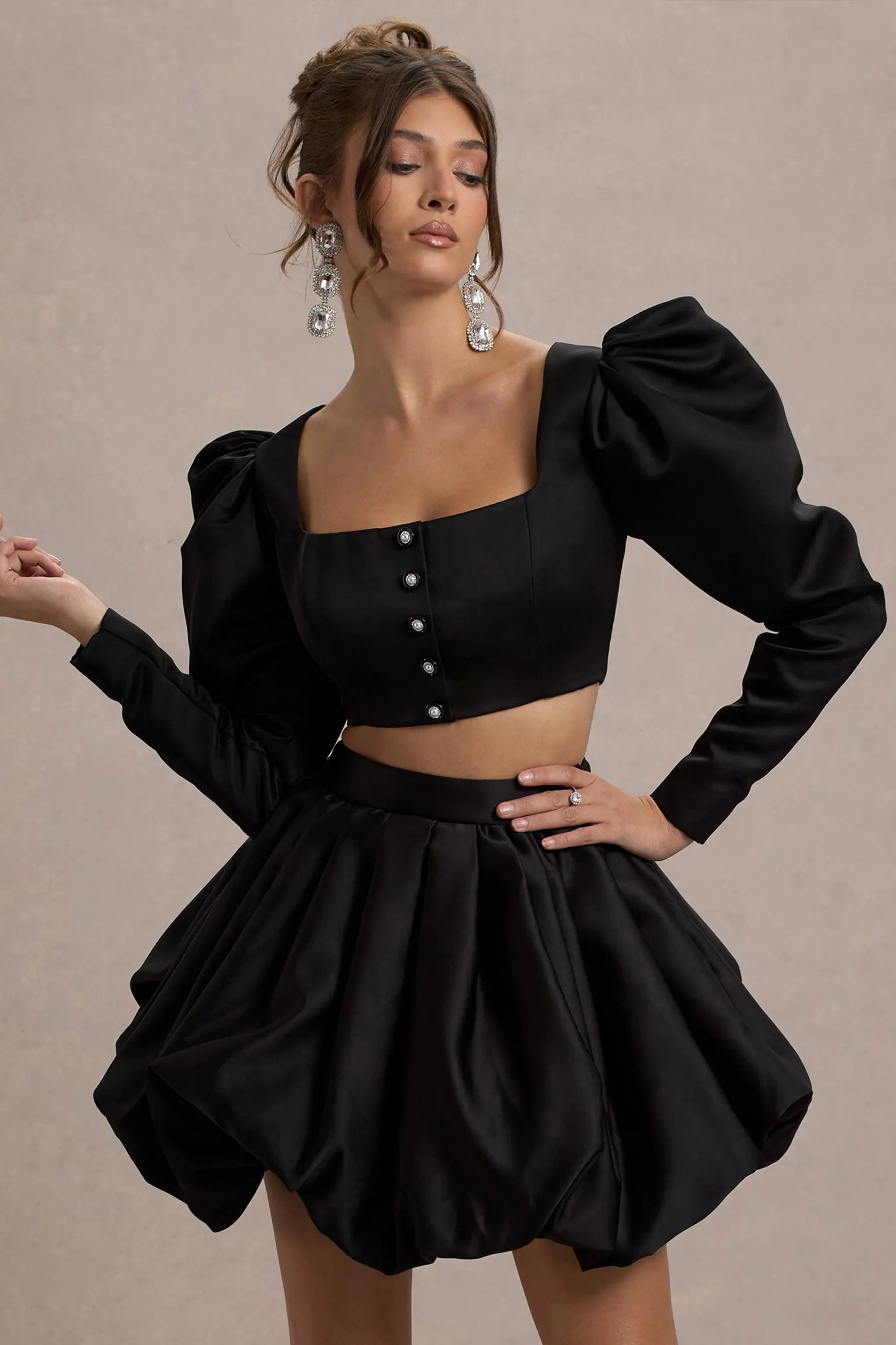 Eloisa | Black Satin Puff-Sleeve Cropped Jacket