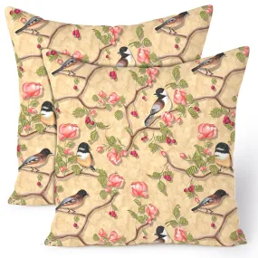 Encasa Homes Decorative Cushion Cover 16 x 16 inch (40 x 40 cm) - Pale Gold Birds - Floral Digital Printed, Large Square Pillow Case for Chair, Seat, Bed, Office & Home (Set of 2)