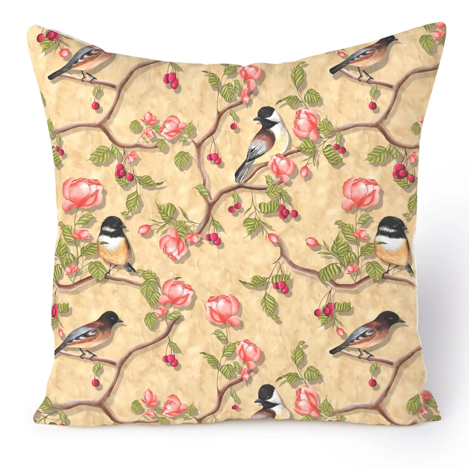 Encasa Homes Decorative Cushion Cover 16 x 16 inch (40 x 40 cm) - Pale Gold Birds - Floral Digital Printed, Large Square Pillow Case for Chair, Seat, Bed, Office & Home (Set of 2)