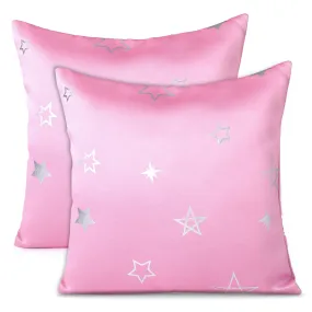 Encasa Homes Satin Weave Polyester Silver Star Foil Printed Star Pink Square Cushion Covers 16 x 16 inch Pack of 2