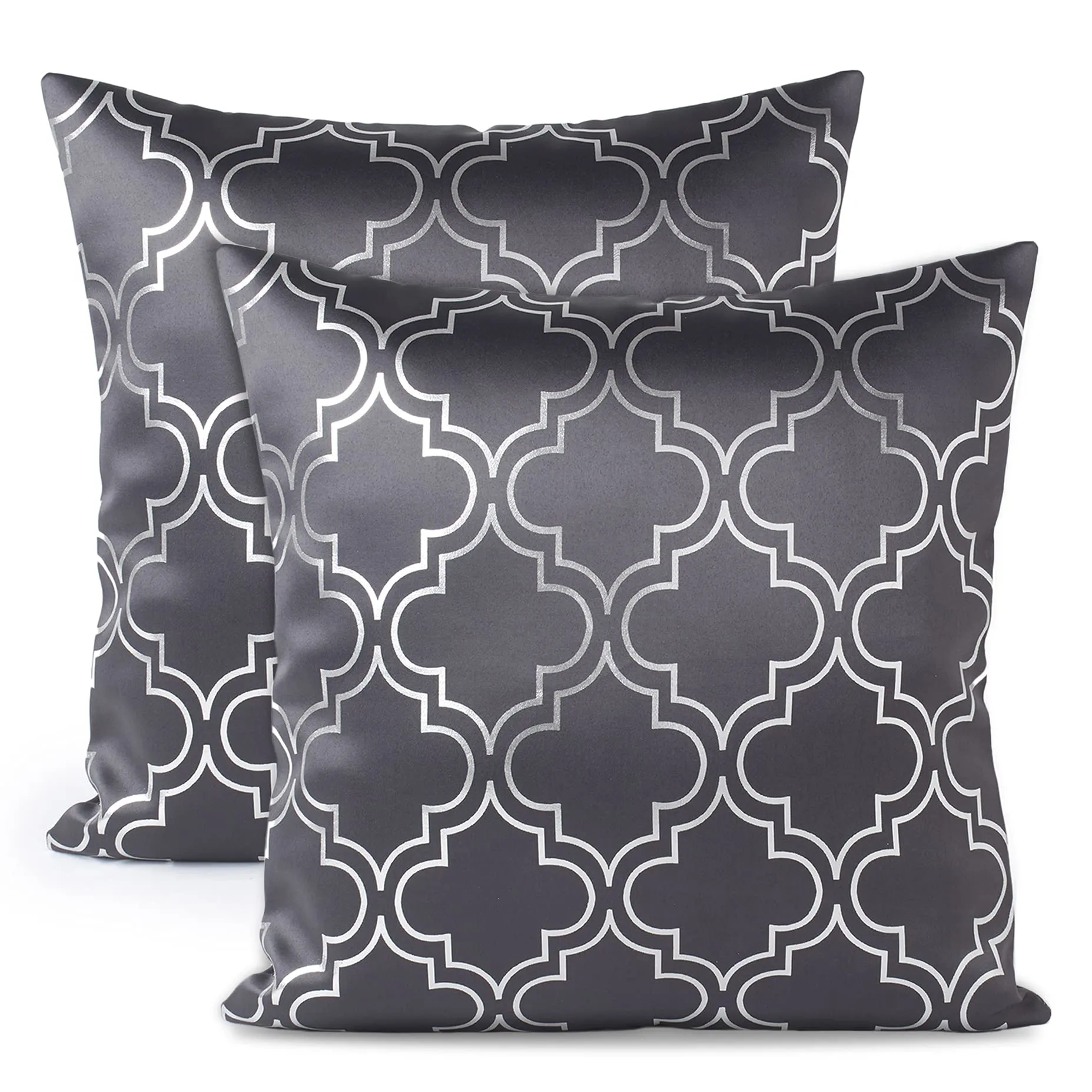 Encasa Homes Satin Weave Polyester Silver Star Foil Printed Trellis Grey Square Cushion Covers 16 x 16 inch Pack of 2