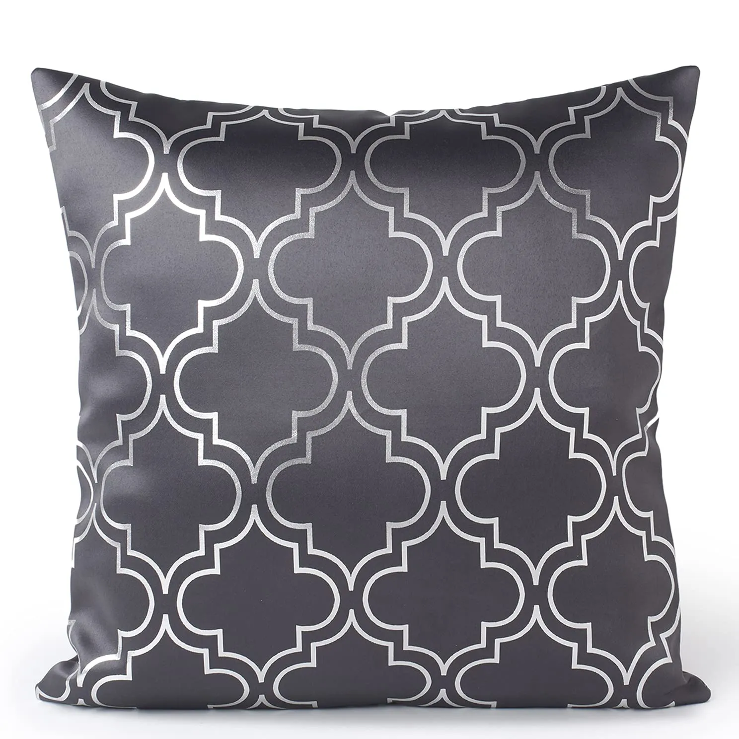 Encasa Homes Satin Weave Polyester Silver Star Foil Printed Trellis Grey Square Cushion Covers 16 x 16 inch Pack of 2