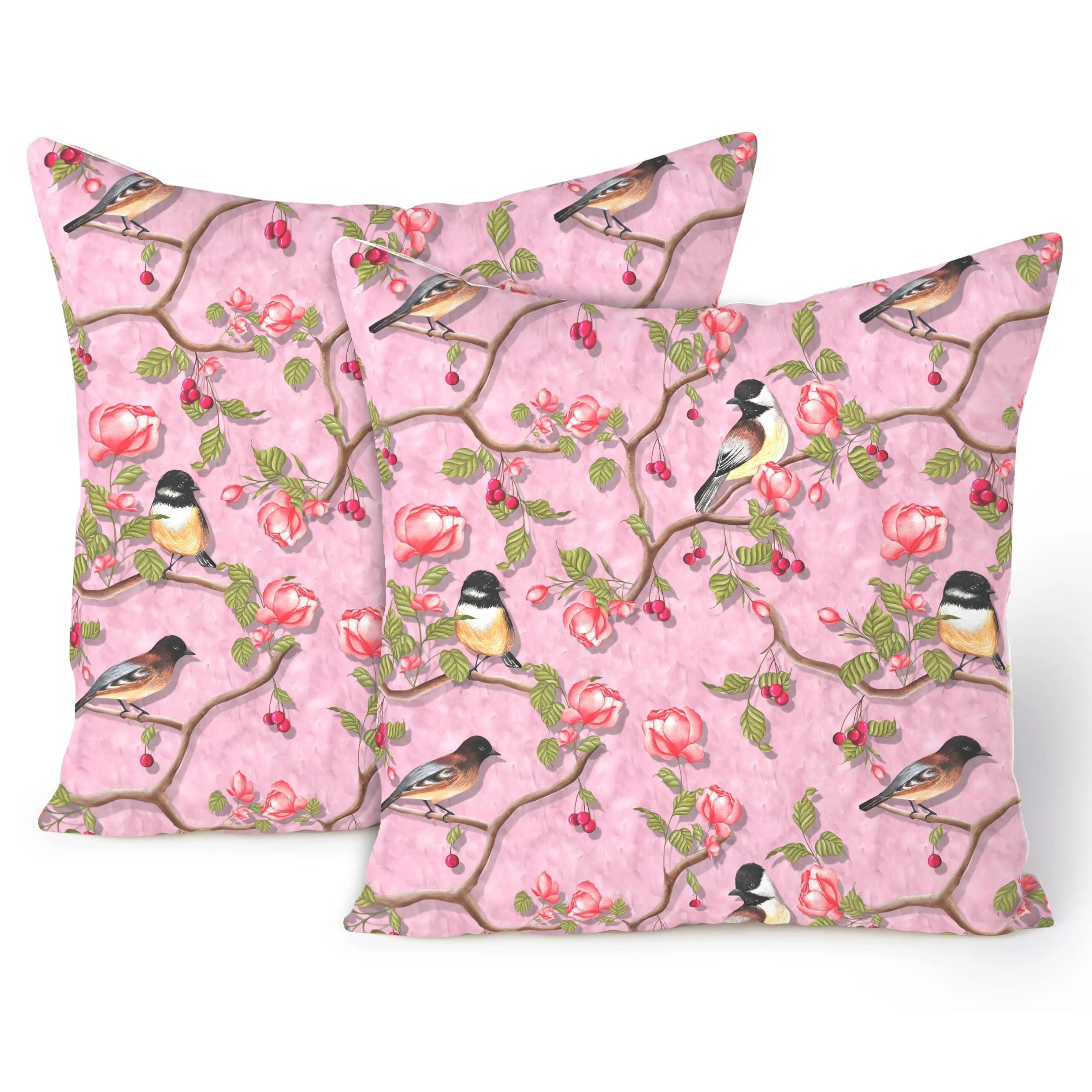 Encasa XO Decorative Cushion Cover 16"x16" (40x40 cm) - Dusty Pink Birds - Floral Digital Printed, Large Square Pillow Case for Chair, Seat, Bed, Office & Home (Set of 2)