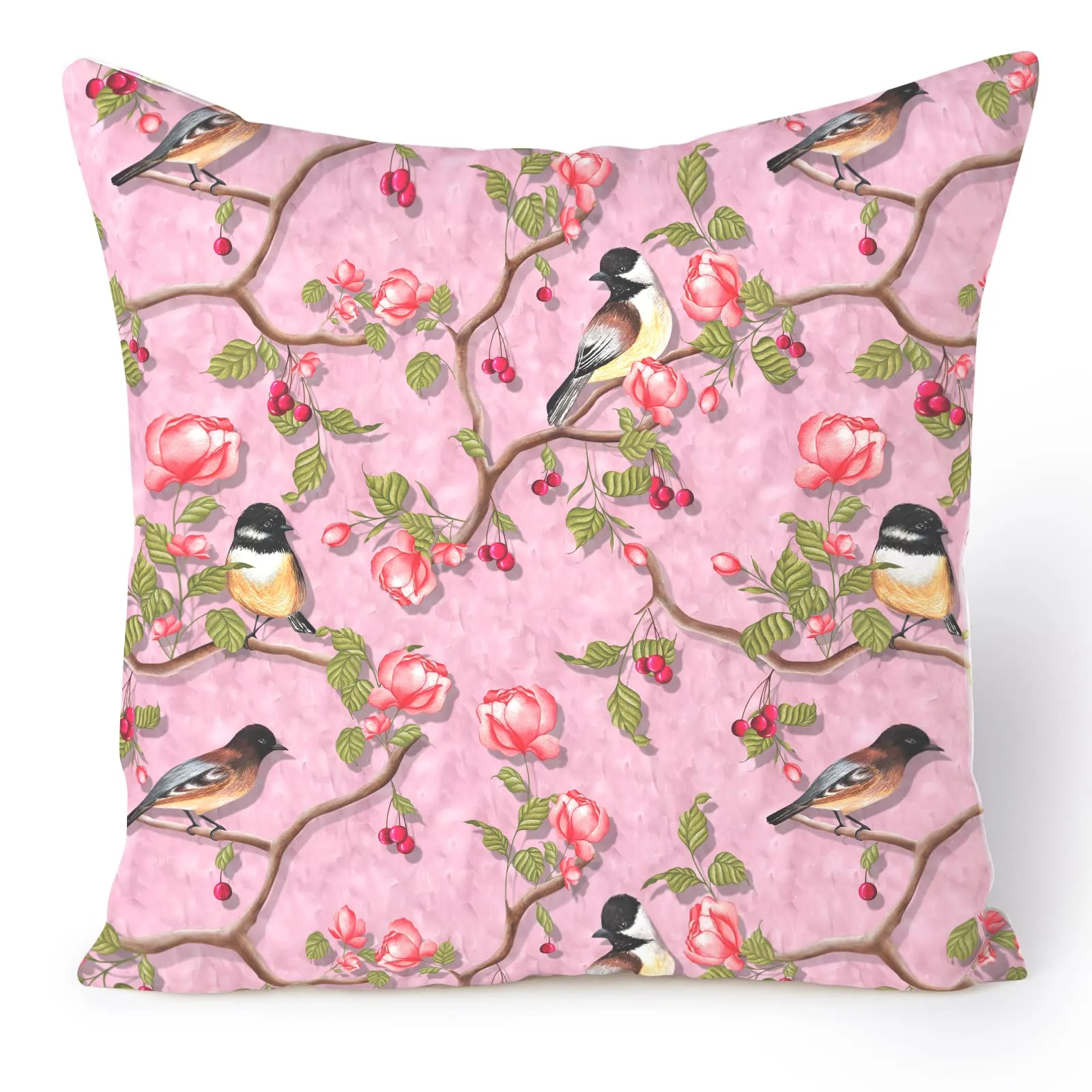 Encasa XO Decorative Cushion Cover 16"x16" (40x40 cm) - Dusty Pink Birds - Floral Digital Printed, Large Square Pillow Case for Chair, Seat, Bed, Office & Home (Set of 2)