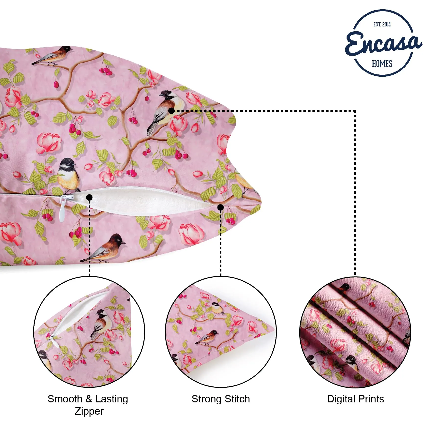 Encasa XO Decorative Cushion Cover 16"x16" (40x40 cm) - Dusty Pink Birds - Floral Digital Printed, Large Square Pillow Case for Chair, Seat, Bed, Office & Home (Set of 2)