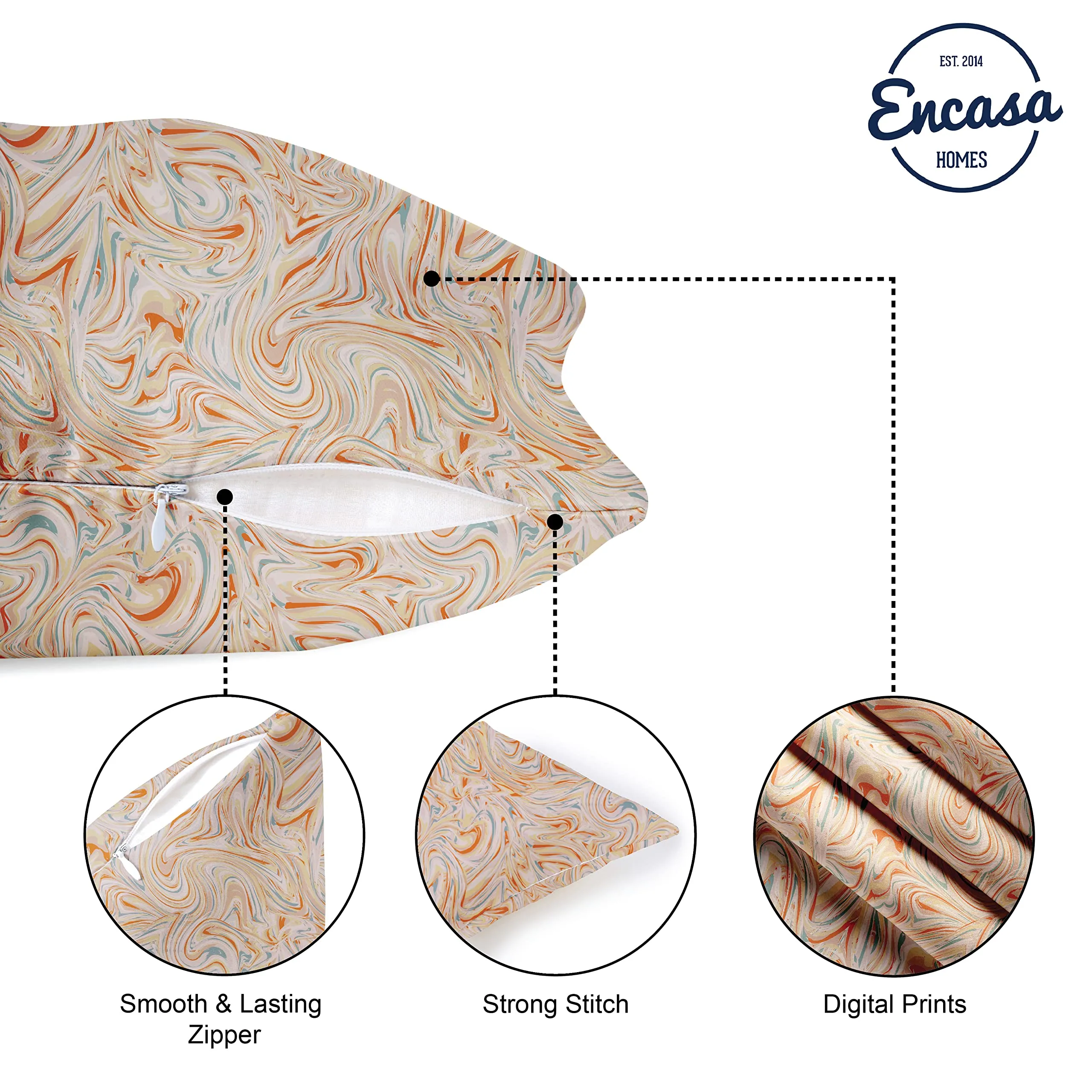 Encasa XO Polyester Decorative 300 TC Cushion Cover 16"X16" (40X40 Cm) - Marble Peach - Floral Digital Printed, Large Square Pillow Case For Chair, Seat, Bed, Office & Home (Set Of 2)