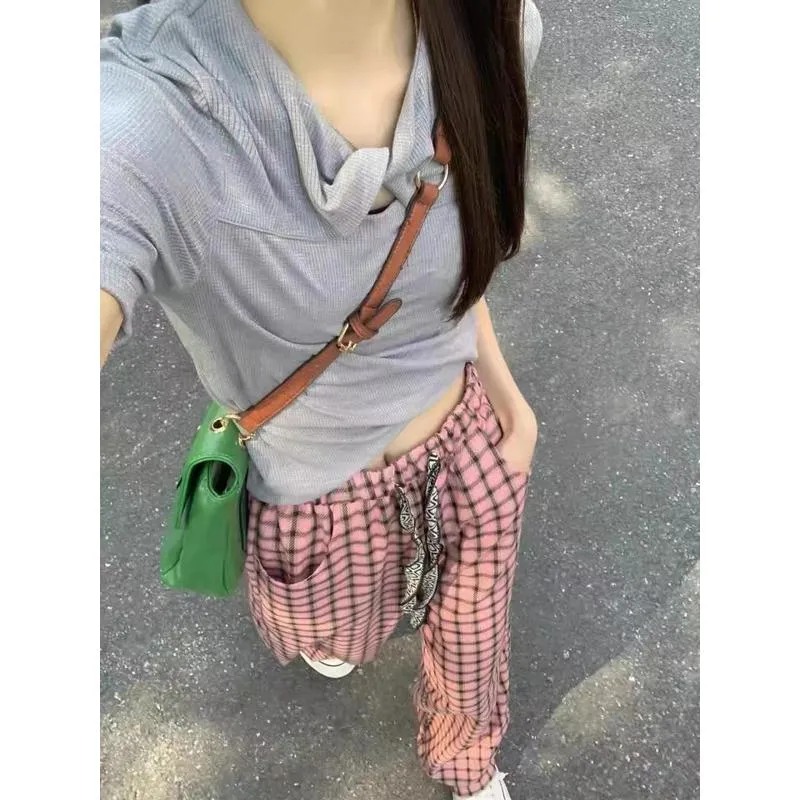 Floor-Length Casual Straight Draping Versatile Plaid Drawstring Loose Fit Pants