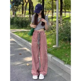 Floor-Length Casual Straight Draping Versatile Plaid Drawstring Loose Fit Pants