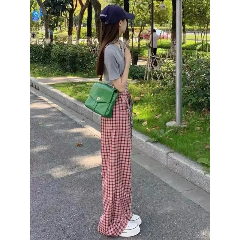 Floor-Length Casual Straight Draping Versatile Plaid Drawstring Loose Fit Pants