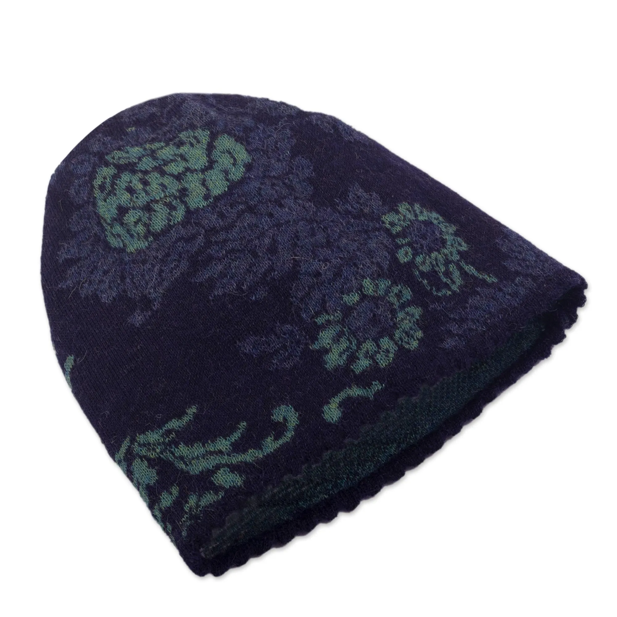 Floral 100% Alpaca Hat in Blue - Blue Dream Garden | NOVICA