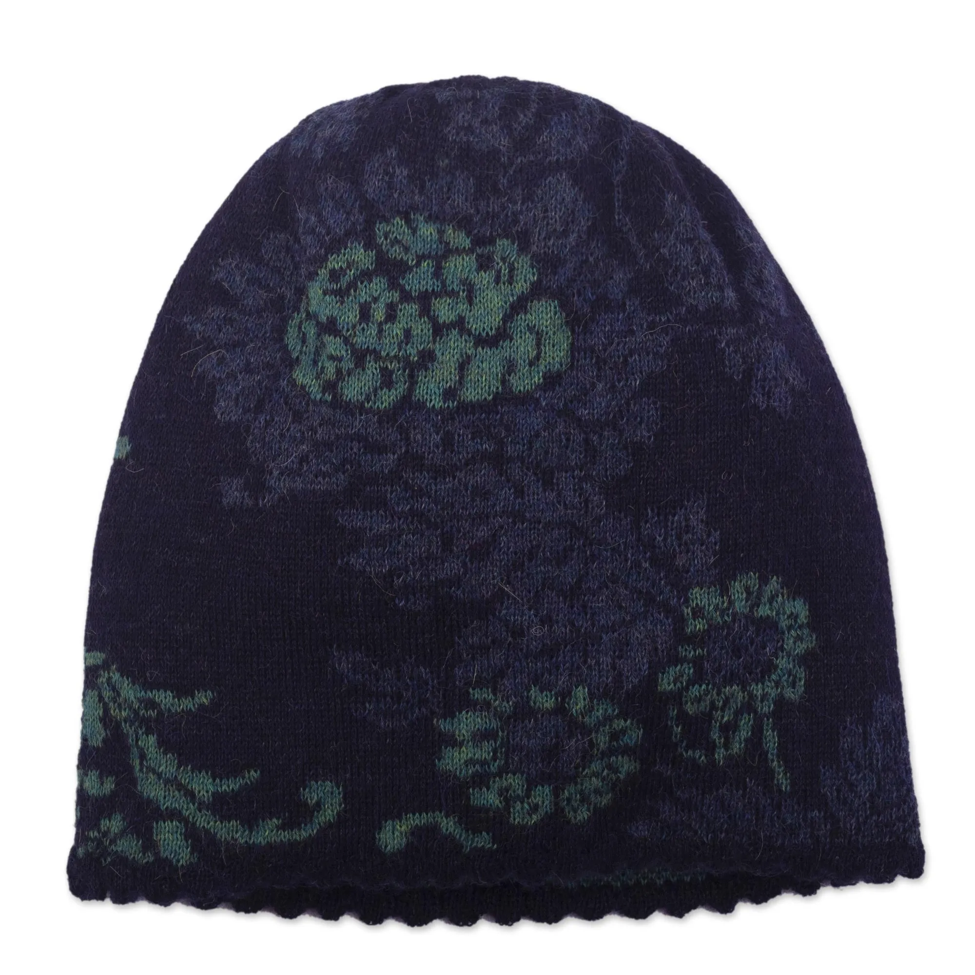 Floral 100% Alpaca Hat in Blue - Blue Dream Garden | NOVICA