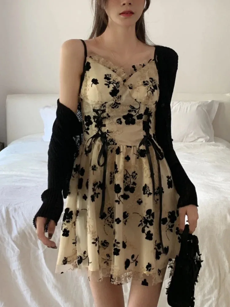 Floral Bandage Slip Dress Women Lace Flower Print Kawaii Cute Spaghetti Strap Mini Short Dresses 2023 Fashion New In