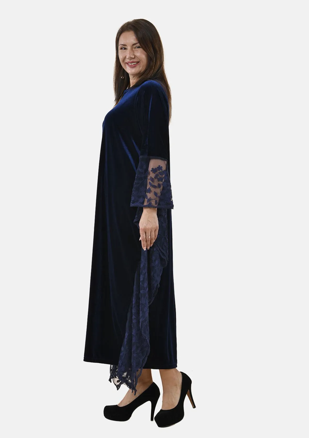 Floral Embroidered Velvet Kaftan Dress