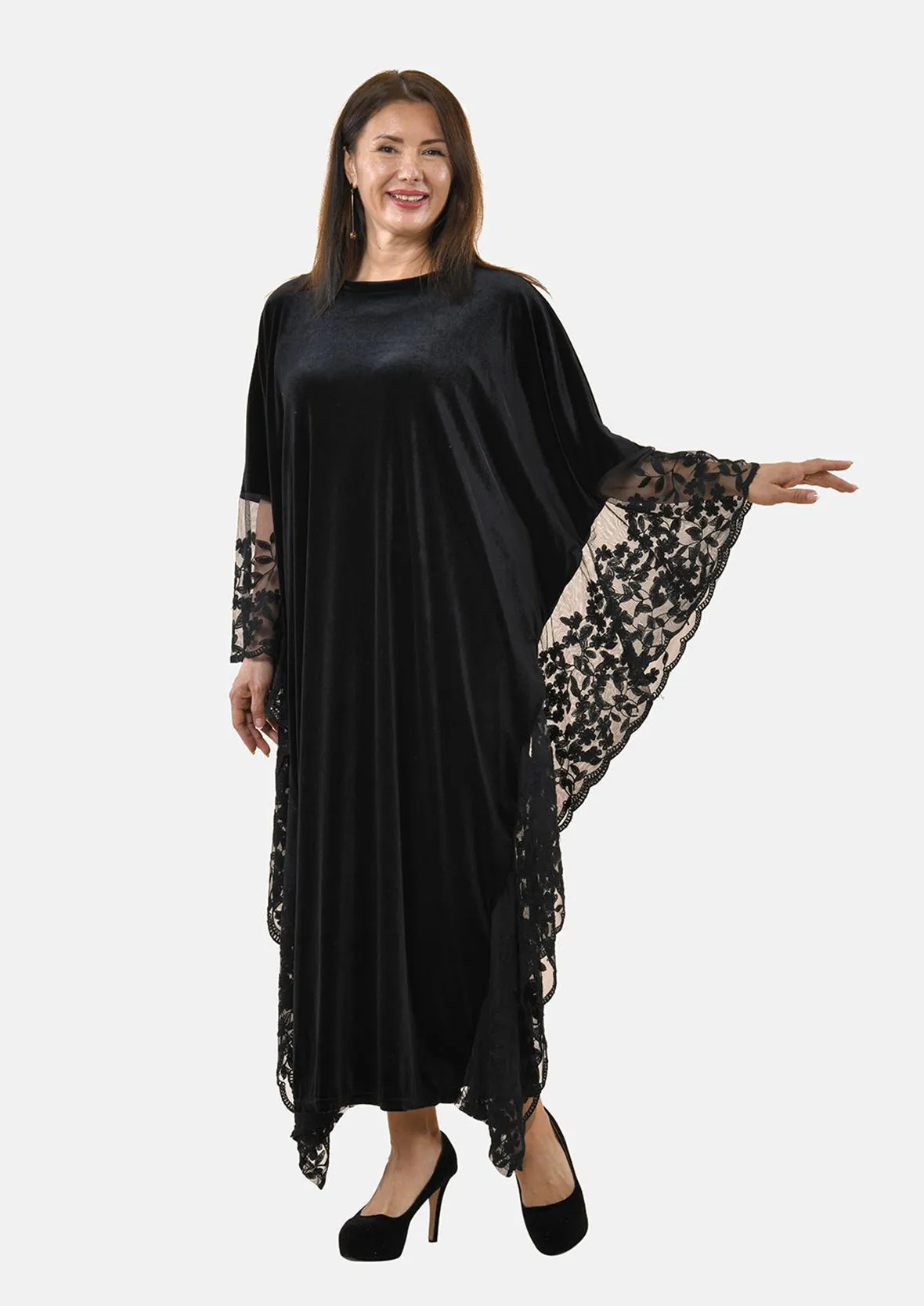 Floral Embroidered Velvet Kaftan Dress