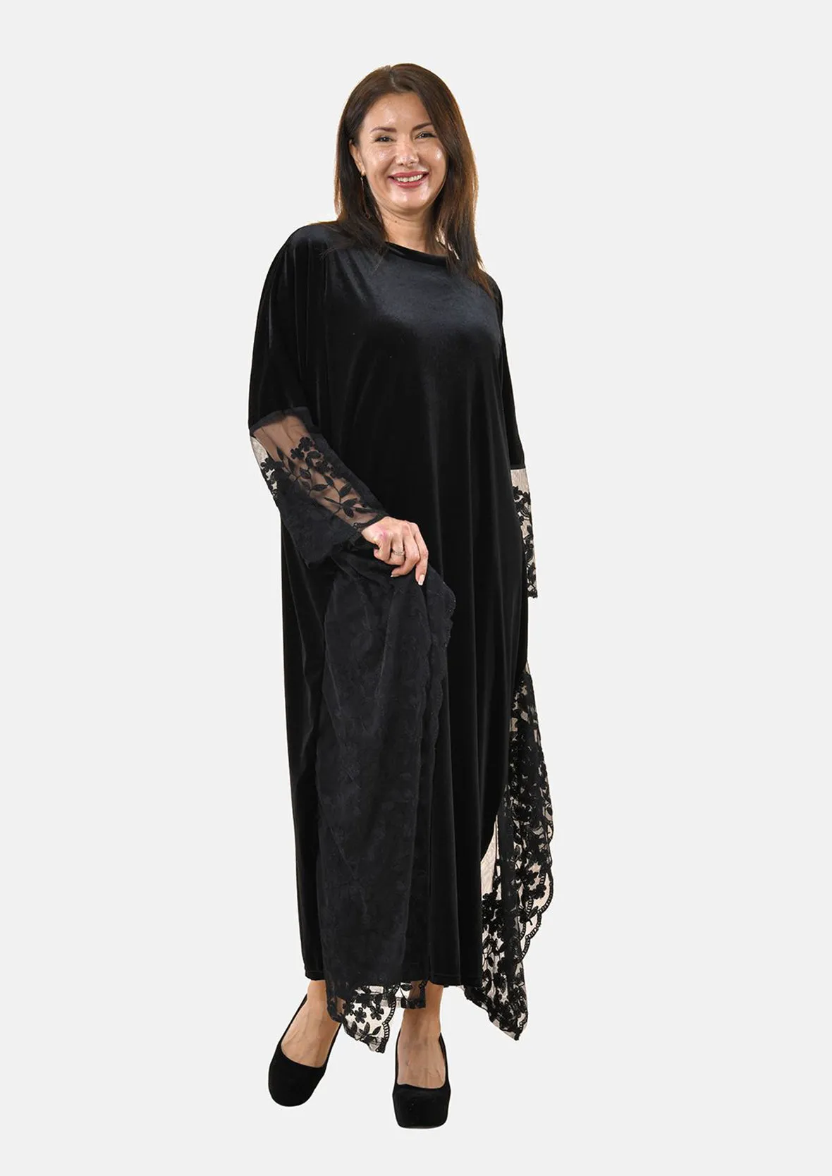 Floral Embroidered Velvet Kaftan Dress