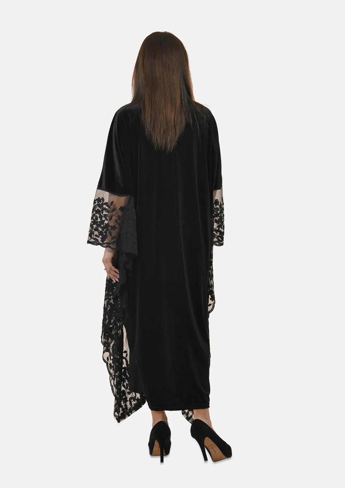 Floral Embroidered Velvet Kaftan Dress