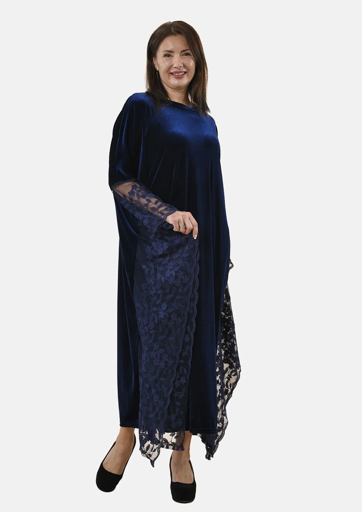 Floral Embroidered Velvet Kaftan Dress