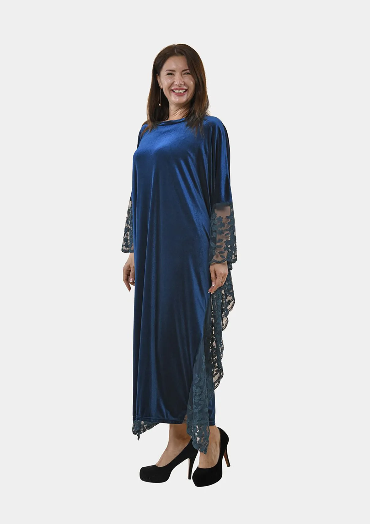 Floral Embroidered Velvet Kaftan Dress