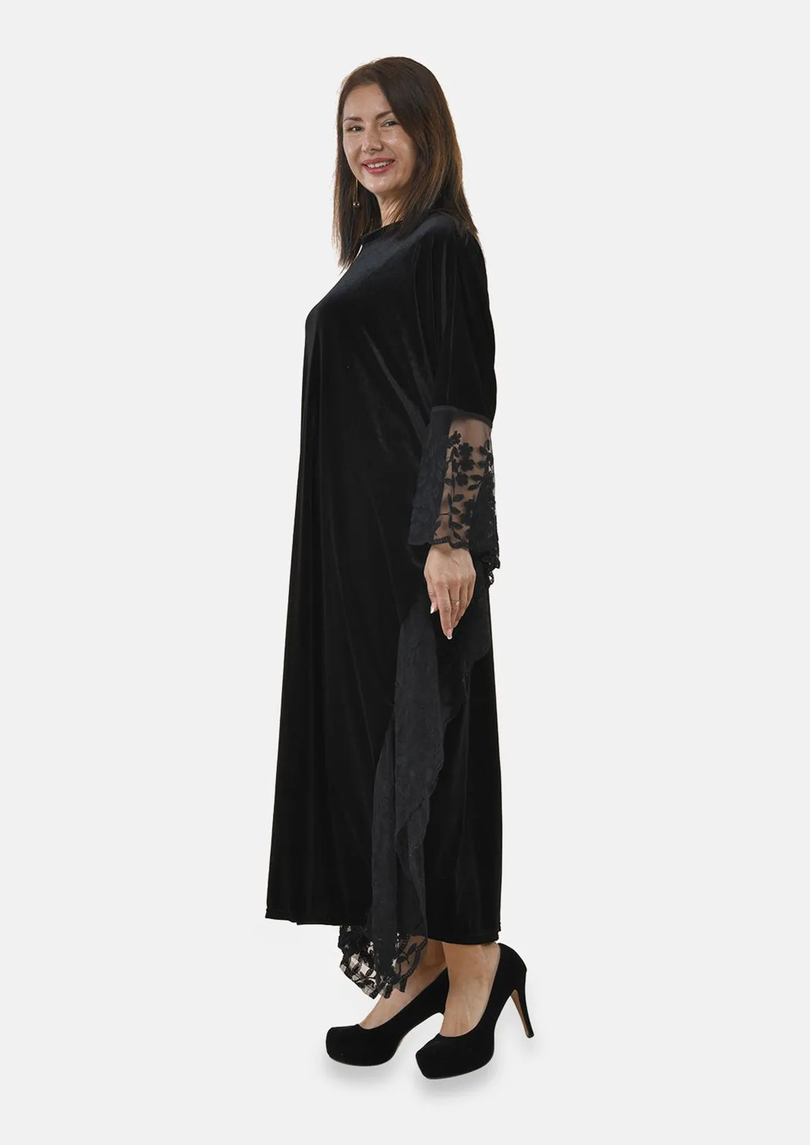 Floral Embroidered Velvet Kaftan Dress