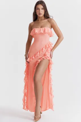 Fluttering Frill Trim Strapless High Split Draped Ruffle Maxi Dress - Pink