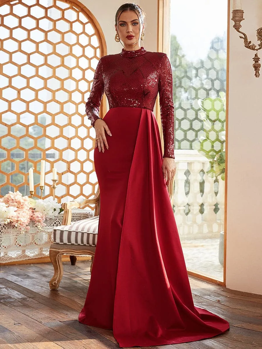 Formal Draping A-Line Long Sleeve Sequin Red Evening Dress M02153