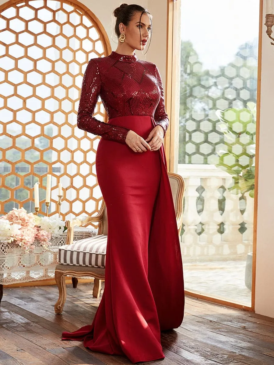 Formal Draping A-Line Long Sleeve Sequin Red Evening Dress M02153