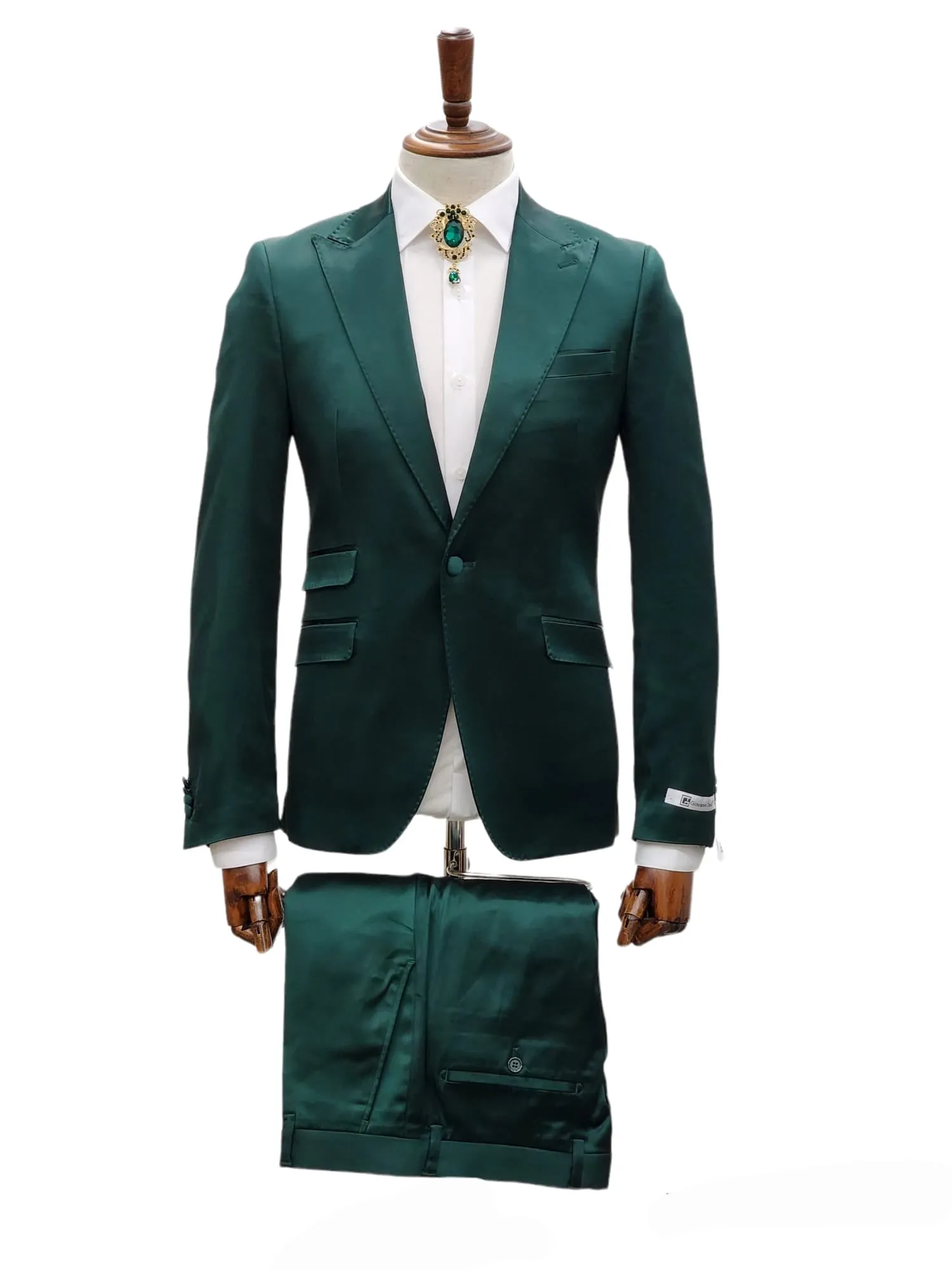 Giovanni Testi 1 Button Peak Lapel Stretch Satin Slim Fit Suit GT1P-19035 GREEN