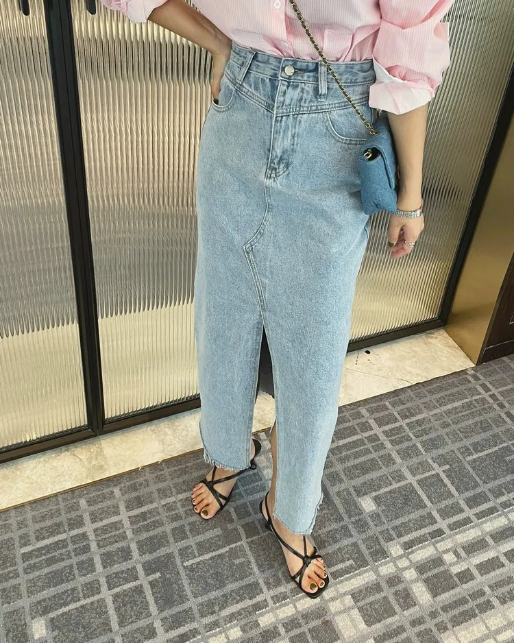 Girlary Y2k Denim Skirt With Slit Women Clothes Summer Korean Fashion Long Maxi Wrap Vintage Satin Cargo Pencil Spring