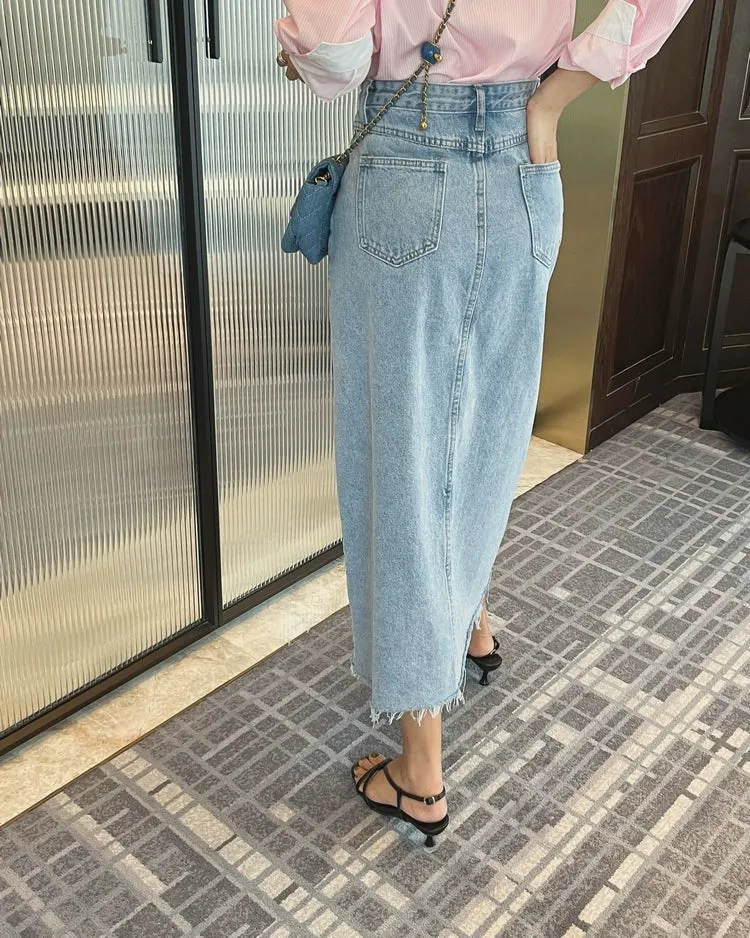 Girlary Y2k Denim Skirt With Slit Women Clothes Summer Korean Fashion Long Maxi Wrap Vintage Satin Cargo Pencil Spring