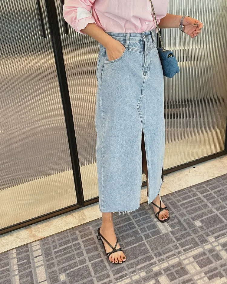 Girlary Y2k Denim Skirt With Slit Women Clothes Summer Korean Fashion Long Maxi Wrap Vintage Satin Cargo Pencil Spring