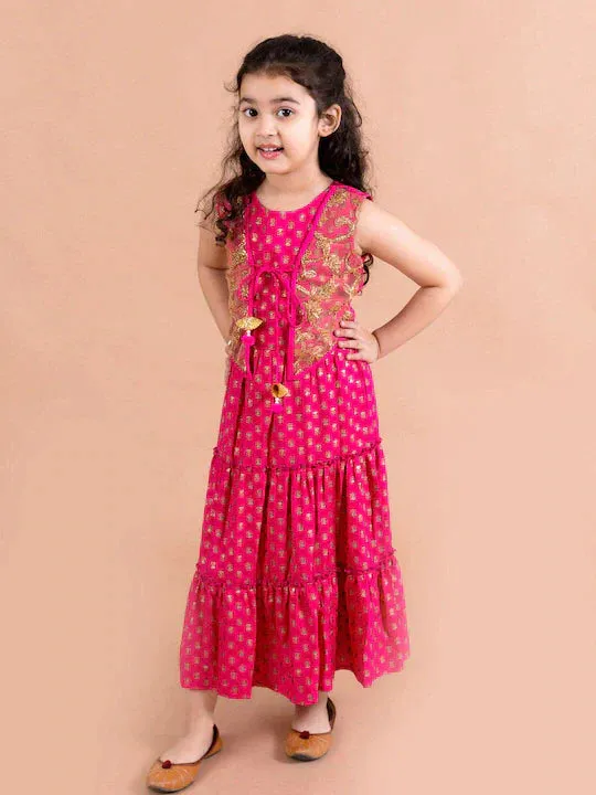 Girls Magenta Ethnic Motifs Maxi Dress - Ps Peaches