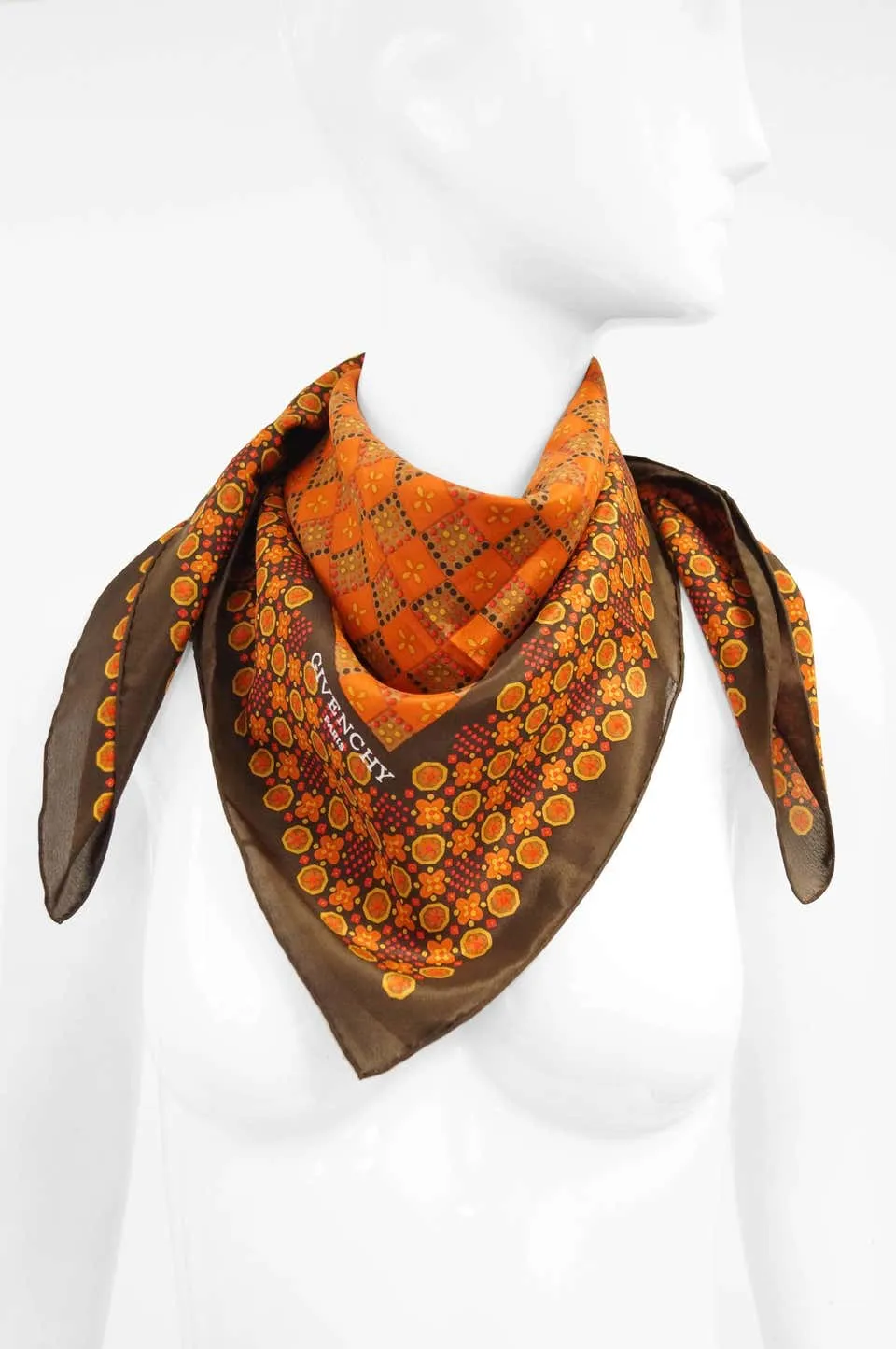 Givenchy Floral and Geometric Silk Scarf in Amber Tones, 1970s