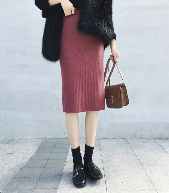 Gkfnmt Basic Skirts 2018 Autumn Winter Chic Pencil Skirts Women Bodycon Skirt Wool Rib Knitted Long Skirt Back Split Midi Skirt