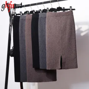 Gkfnmt Basic Skirts 2018 Autumn Winter Chic Pencil Skirts Women Bodycon Skirt Wool Rib Knitted Long Skirt Back Split Midi Skirt